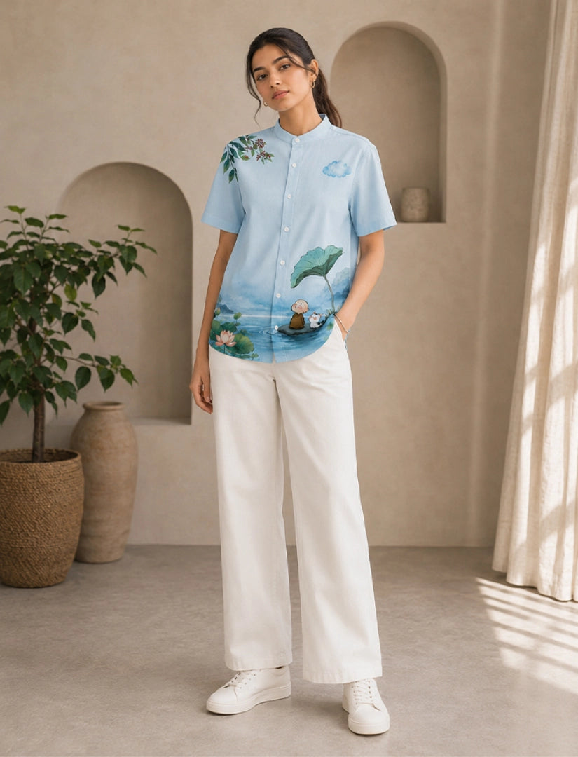 Blue Cartoon Print Unisex Half Sleeve Shirt - XPST