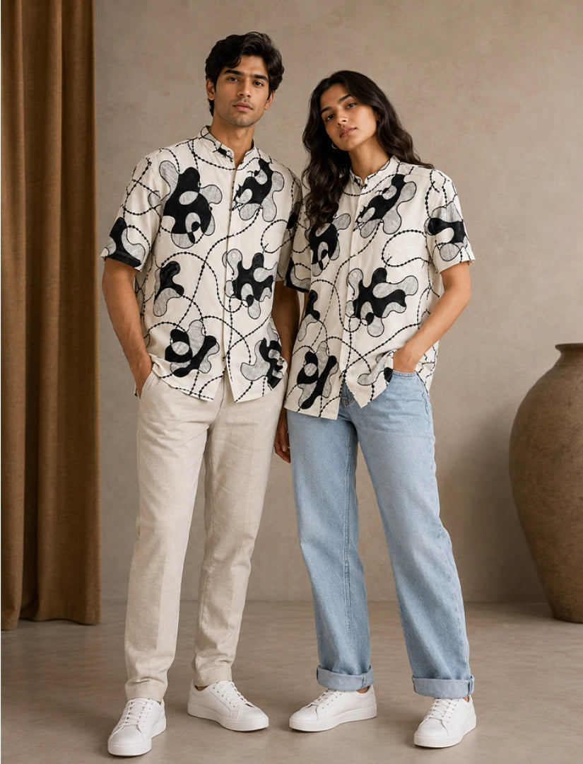 Cream Lines Print Unisex Half Sleeve Shirt - XPST