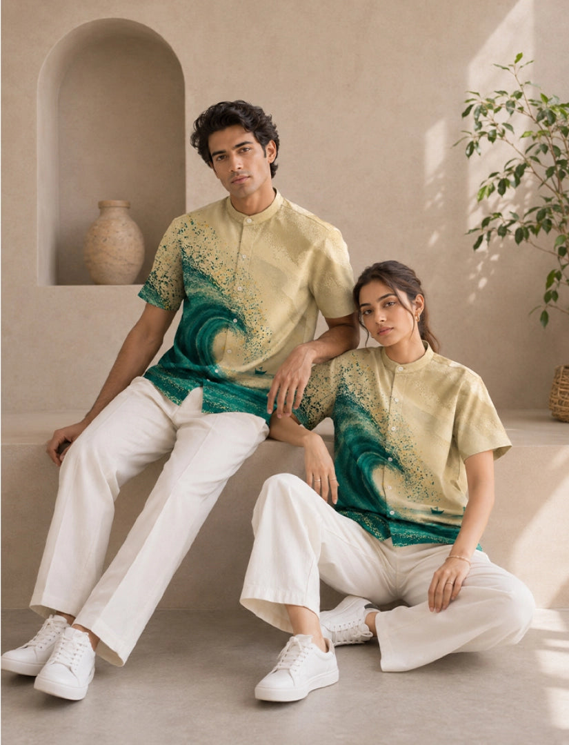 Green Wave Print Unisex Half Sleeve Shirt - XPST